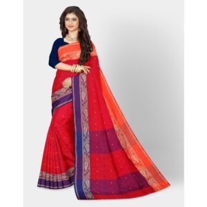 Bengali Red Pure Cotton Tant Saree with All Over Handwork Buti