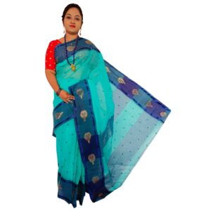 Bengali Sky Blue Pure Cotton Tant Saree with All Over Handwork Buti