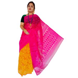 Half Half Pink Patli Pallu Cotton Silk Jamdani Saree with All Over Work