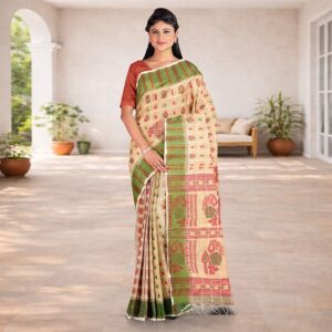 Beige Red Dhakai Jamdani Saree...