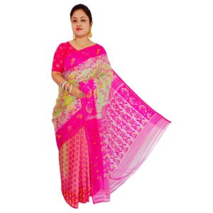 Light Green & Pink Soft Patli Pallu Dhakai Jamdani Saree