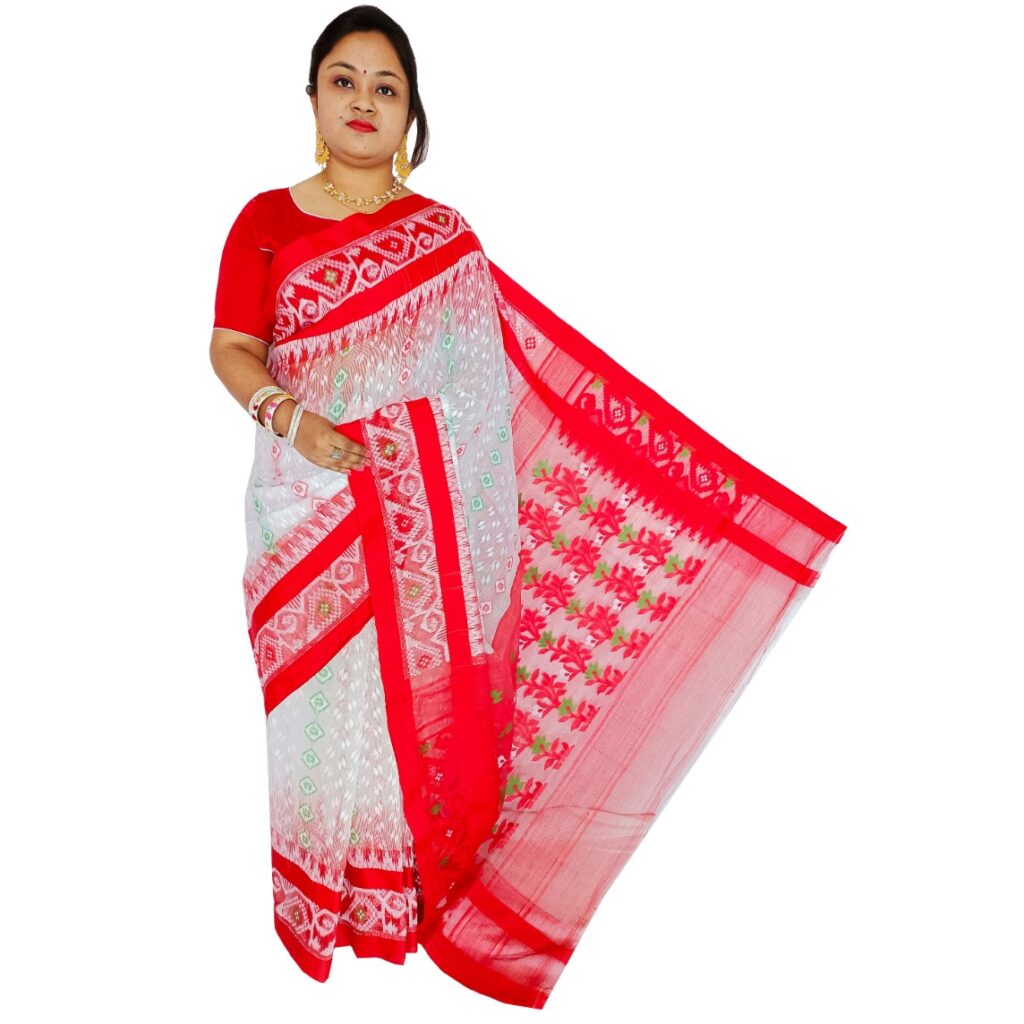 Buy Bengali Red And White Soft Pure Cotton Jamdani Saree