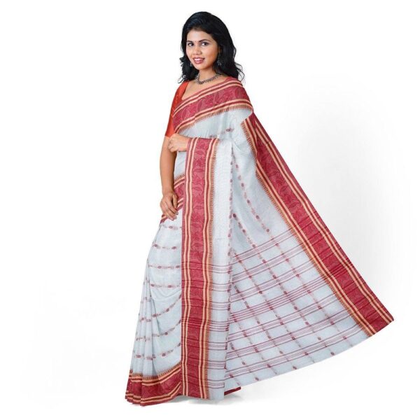 White and Red Bengali Cotton Saree (Lal Par Sada Saree)