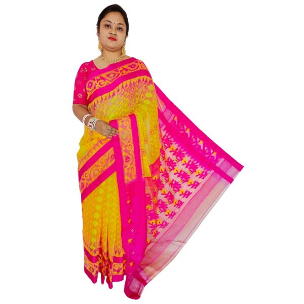 Yellow & Pink Cotton Jamdani Saree Images