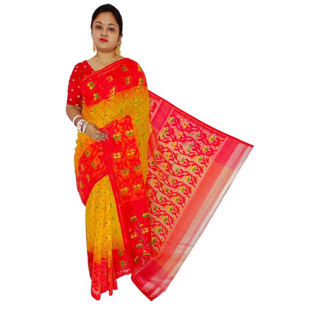 buy-yellow-soft-jamdani-saree-with-red-border-cotton