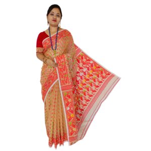 Beige and Red Soft Jamdani Saree with Red Border