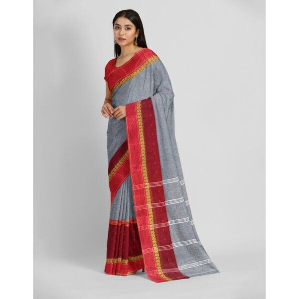 Grey and Red Cotton Saree