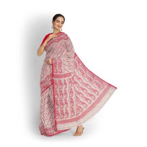 Bengal White Cotton Dhakai Jamdani Saree with Red border