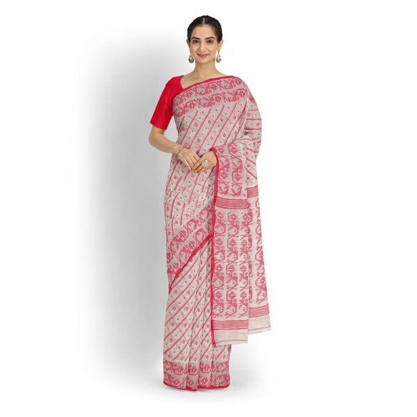 Lal Sada Cotton Dhakai Jamdani Saree