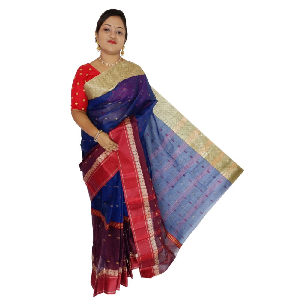 Buy Navy Blue Pure Cotton Saree with Golden Border