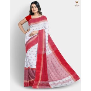 White with Red Pure Cotton Saree Bengali Traditional Style