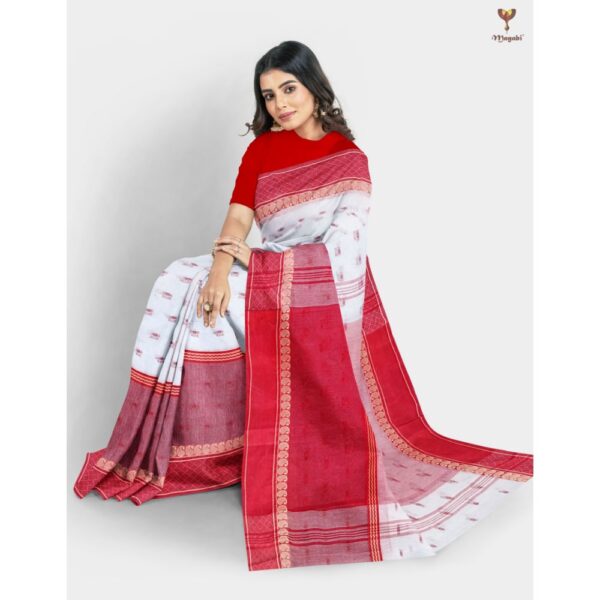 White and Red Bengali Pure Cotton Saree