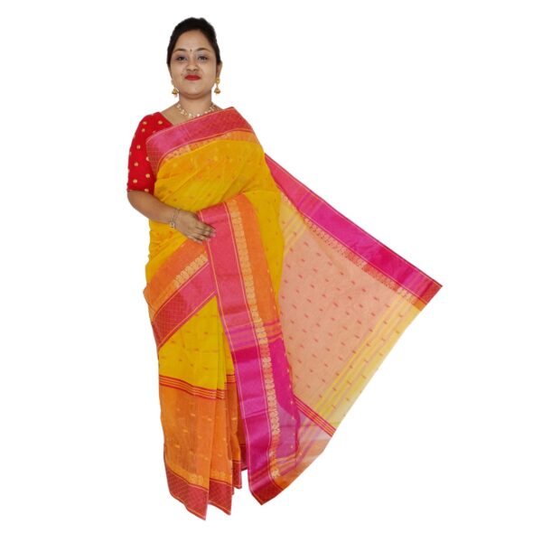 Yellow and Pink Cotton Tant Saree Look