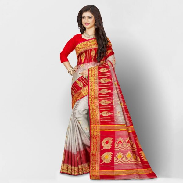 Off White and Red Tussar Silk Tant Banarasi Saree with Red Border