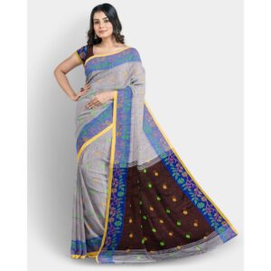 Bengali Grey Soft Tissue Silk Tant Handloom Saree with Blouse Piece