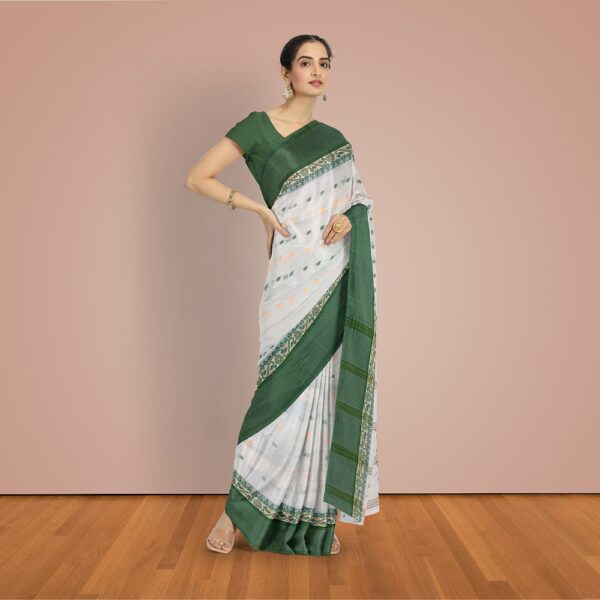 Off White Cotton Bengali Tant Saree with Green Border