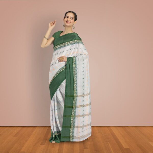 Off White Cotton Bengali Tant Saree with Green Border