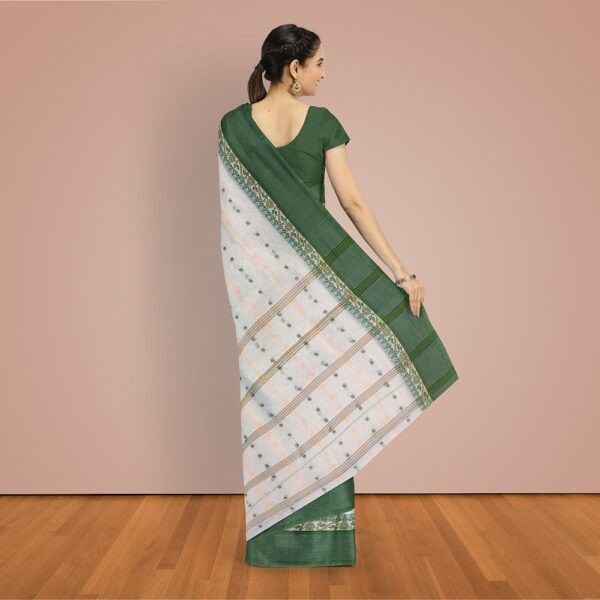 Off White Cotton Bengali Tant Saree with Green Border