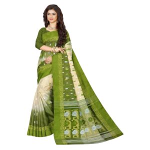 Off White and Green Tussar Silk Saree