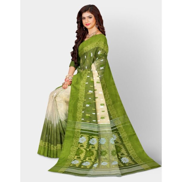 Off White and Green Tussar Silk Saree