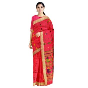 Soft Red Pure Cotton Handloom Saree with Zari Border & Unstitched Blouse Piece