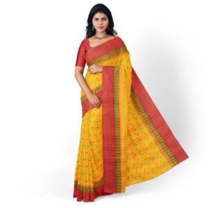 Yellow Bengali Cotton Saree with Red Border