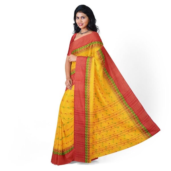 Yellow Bengali Cotton Saree with Red Border