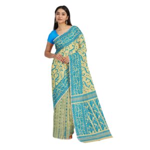 Cream and Blue Jamdani Saree