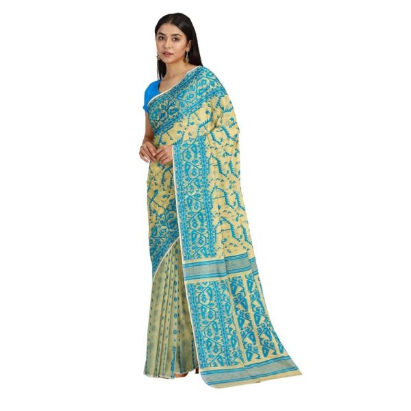 Cream and Blue Jamdani Saree