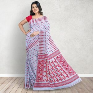 Bengali White and Red Jamadani Saree