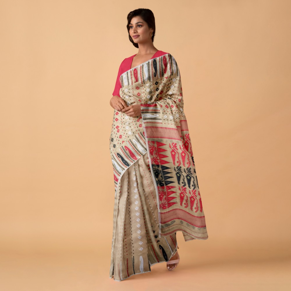 Off White and Red Soft Bengali Dhakai Jamdani Saree 3 Off White Soft Dhakai Jamdani Saree