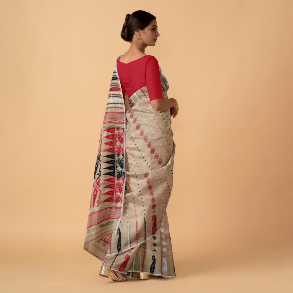 Off White and Red Soft Bengali Dhakai Jamdani Saree 2 Off White Soft Dhakai Jamdani Saree