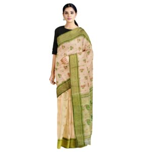 Handwoven Off-White Pure Tussar Silk Saree with Green Border