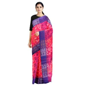 Pink Cotton Handwoven Tant Jamdani Saree with Blue Border