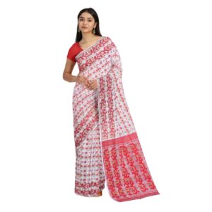 Handwoven White and Red Bengal...