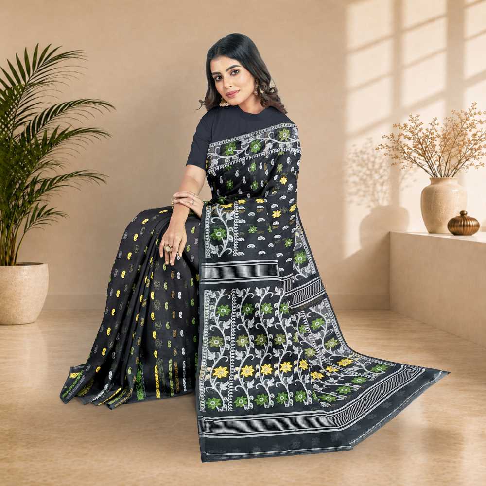 Black Bengali Jamdani Saree in Pure Cotton Silk with Traditional Korat Work | Handwoven Floral Jamdani Saree for Puja, Party & Festive Occasions 3 Black Modern Jamdani Saree