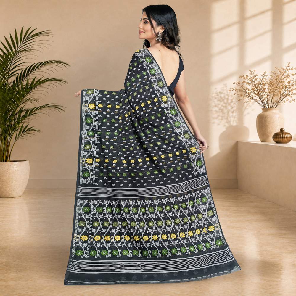 Black Bengali Jamdani Saree in Pure Cotton Silk with Traditional Korat Work | Handwoven Floral Jamdani Saree for Puja, Party & Festive Occasions 2 Black Modern Jamdani Saree
