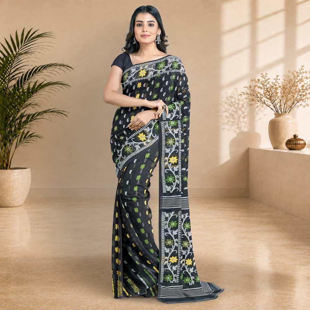 Black Bengali Jamdani Saree in Pure Cotton Silk with Traditional Korat Work | Handwoven Floral Jamdani Saree for Puja, Party & Festive Occasions 4 Black Modern Jamdani Saree