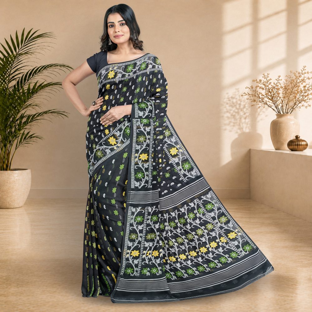 Black Bengali Jamdani Saree in Pure Cotton Silk with Traditional Korat Work | Handwoven Floral Jamdani Saree for Puja, Party & Festive Occasions 1 Black Modern Jamdani Saree
