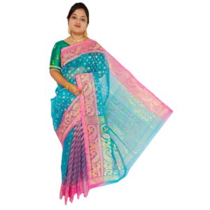 Blue Pure Resham Dhakai Jamdani Saree with Zari Kuchi or Patli Pallu Work