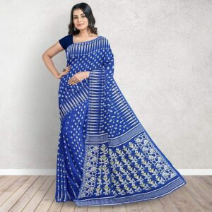 Navy Blue Jamdani Saree with temple Border