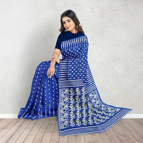 Navy Blue Jamdani Saree with temple Border