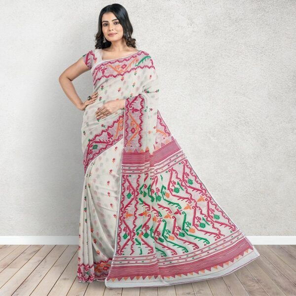 Off White Jamdani Saree with Red Border