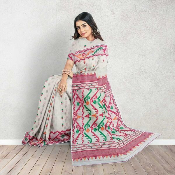 Off White Jamdani Saree with Red Border