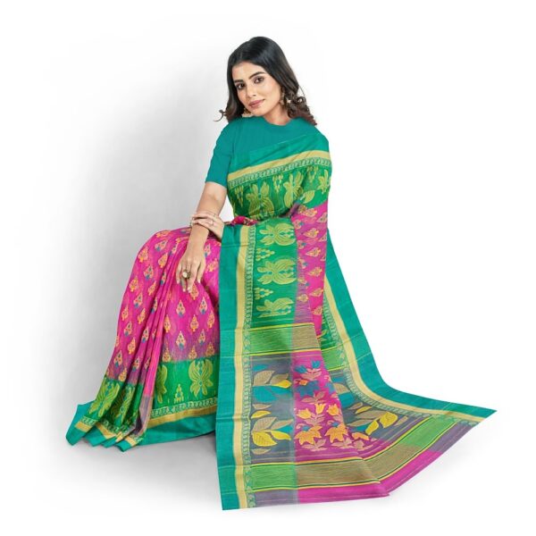 Rani Pink Jamdani Saree with Green Border
