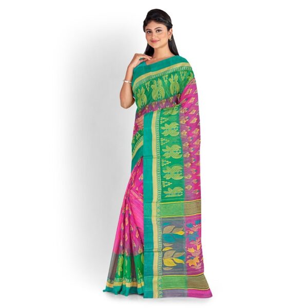 Rani Pink Jamdani Saree with Green Border