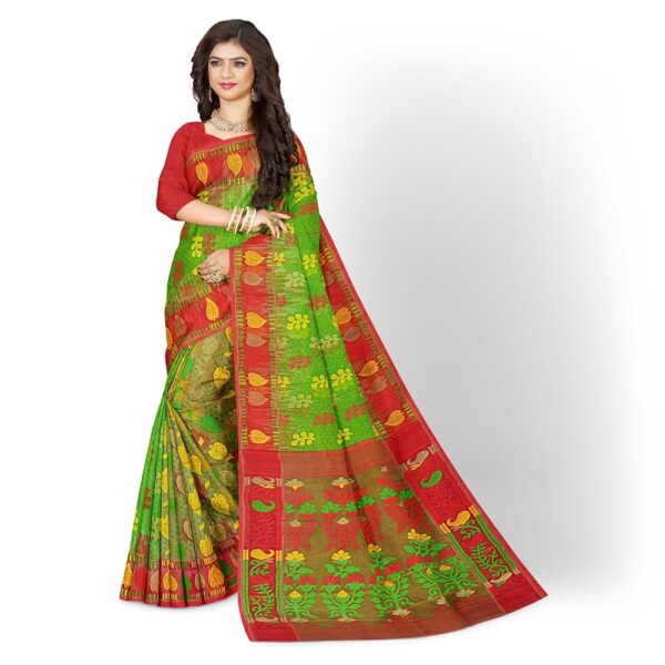 Green Dhakai Jamdani Saree with Red Border