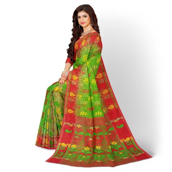 Green Dhakai Jamdani Saree with Red Border