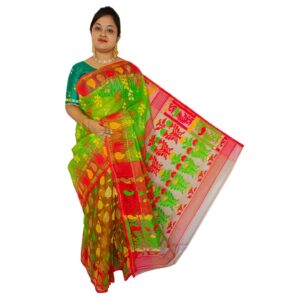 Handwoven Authentic Green and Red Patli Pallu Jamdani Saree (100% Cotton Silk)