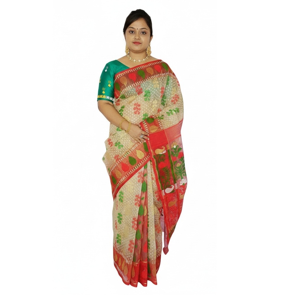 Handwoven Authentic Off-White and Red Patli Pallu Jamdani Saree (100% Cotton Silk) 1 Off White and Red Bangladeshi Jamdani Saree